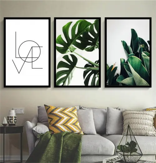 Kit 3 Quadros Folhagem Verde Decoração Love Casal Molduras