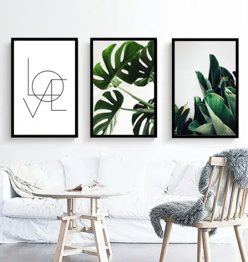 Kit 3 Quadros Folhagem Verde Decoração Love Casal Molduras
