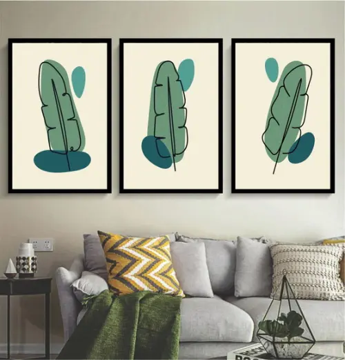 Kit 3 Quadros Folhagem Verde Desenho Decoração Com Moldura