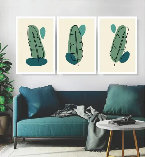 Kit 3 Quadros Folhagem Verde Desenho Decoração Com Moldura