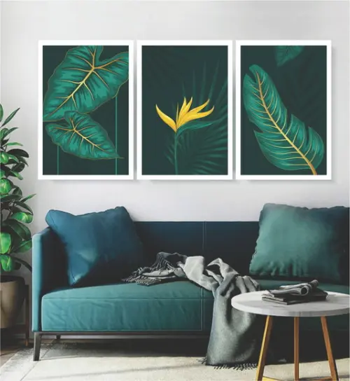 Kit 3 Quadros Folhagem Verde Dourada Decoração Com Moldura