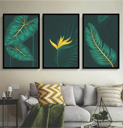 Kit 3 Quadros Folhagem Verde Dourado Decoração Com Moldura