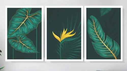 Kit 3 Quadros Folhagem Verde Dourada Decoração Com Moldura
