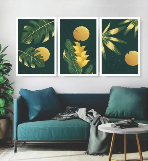 Kit 3 Quadros Folhagem Verde e Dourada Decoração Com Moldura