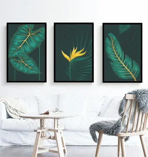 Kit 3 Quadros Folhagem Verde Dourado Decoração Com Moldura