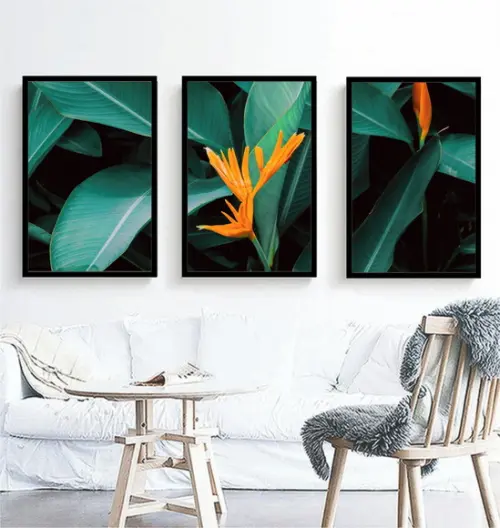 Kit 3 Quadros Folhagem Verde Flores Decoração Com Moldura