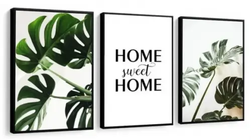 Kit 3 Quadros Folhagem Verde Home Frases Decoração Molduras
