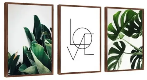 Kit 3 Quadros Folhagem Verde Love Casal Decoração Molduras