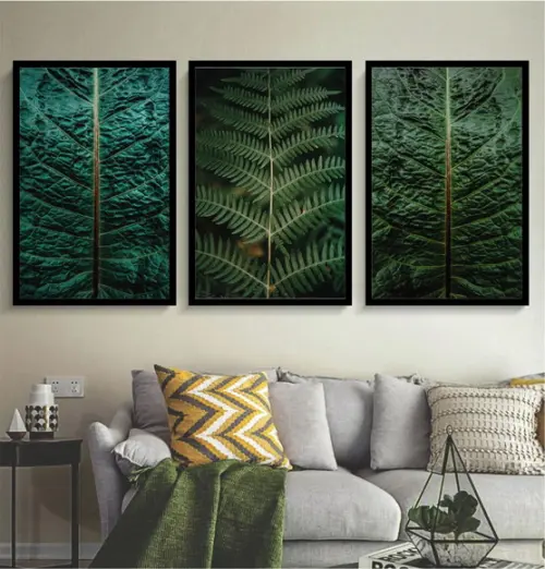 Kit 3 Quadros Folhagem Verde Paisagem Decoração Com Molduras