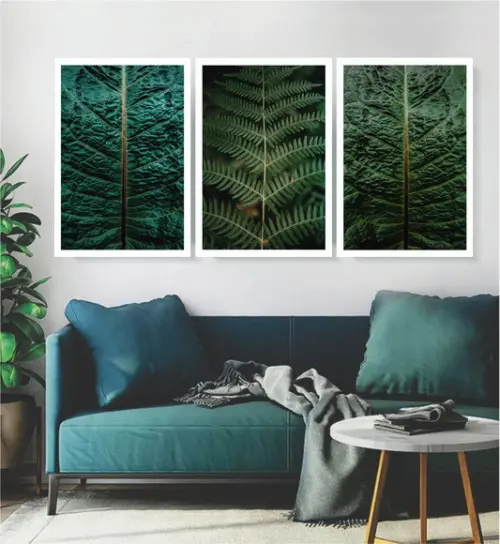 Kit 3 Quadros Folhagem Verde Paisagem Decoração Com Moldura