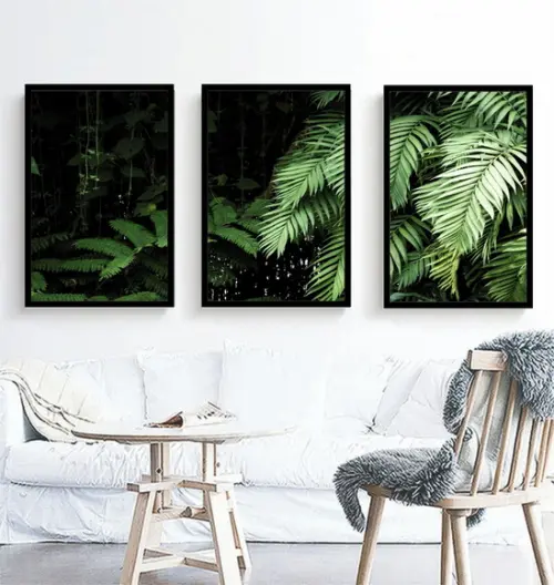 Kit 3 Quadros Folhagem Verde Tropical Decoração Com Molduras