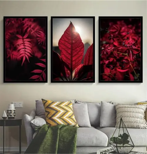 Kit 3 Quadros Folhagem Vermelha Tropical Decoração Moldura