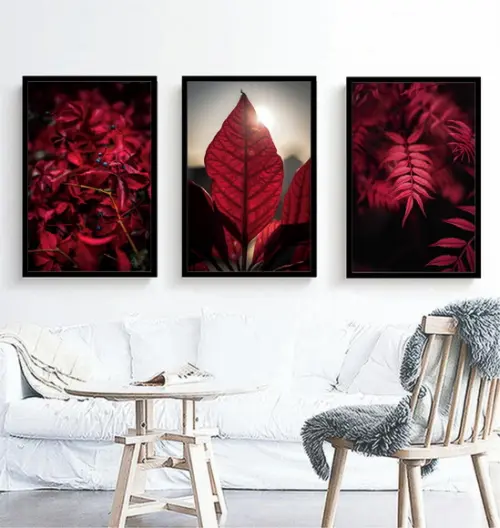 Kit 3 Quadros Folhagem Vermelha Tropical Decoração Moldura
