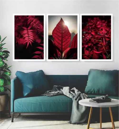Kit 3 Quadros Folhagem Vermelha Tropical Decoração Moldura
