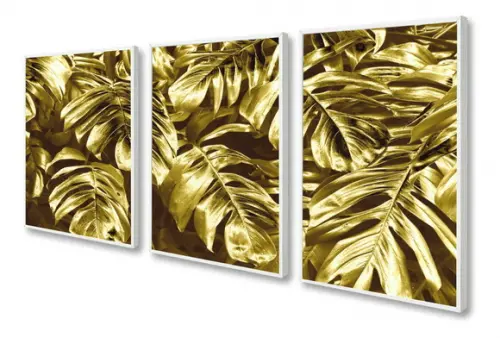 Kit 3 Quadros Folhagens Douradas Decoração Botânico Molduras