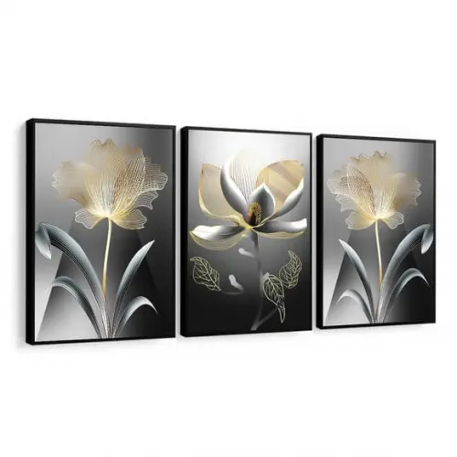 Kit 3 Quadros Folhagens Douradas Decoração Gold Com Moldura