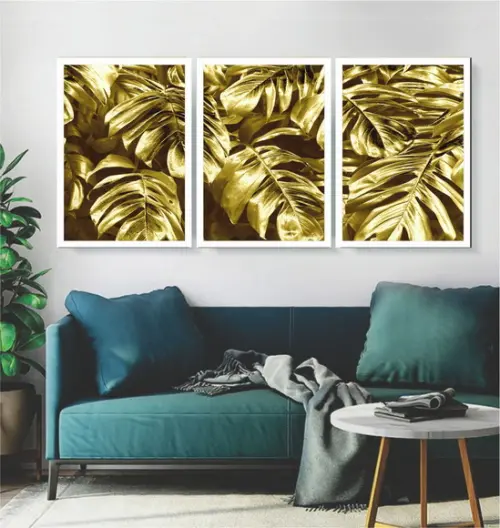 Kit 3 Quadros Folhagens Douradas Decoração Botânico Molduras