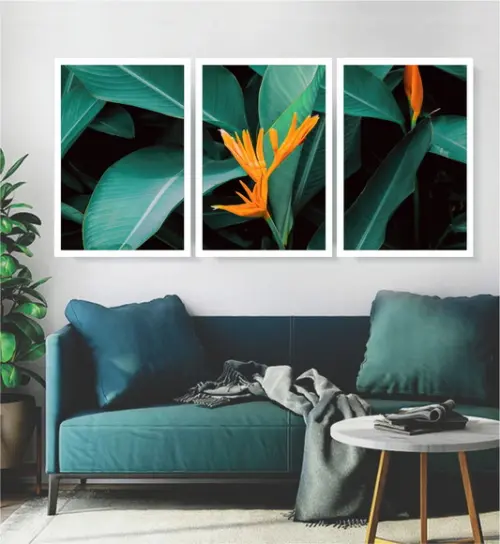 Kit 3 Quadros Folhagens Verdes Flores Decoração Com Moldura