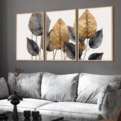 Kit 3 Quadros Folhas Paisagem Decoração com Moldura Vidro