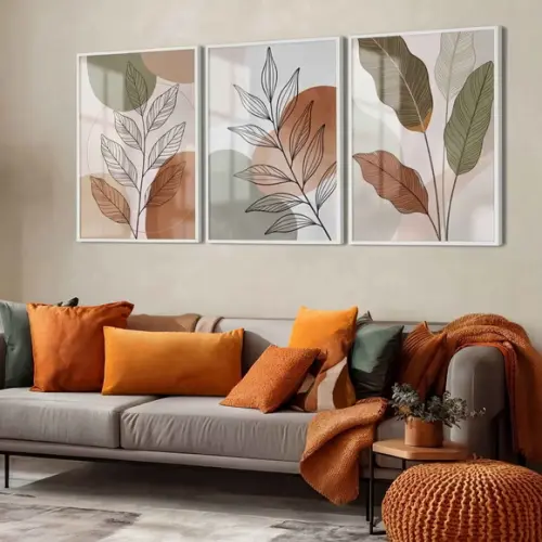 Kit 3 Quadros Folhas Paisagem Decoração com Moldura Vidro