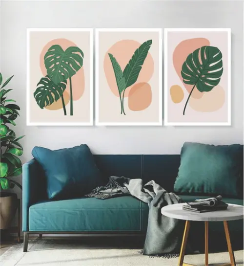 Kit 3 Quadros Folhas Plantas Verdes Decoração De Home Office