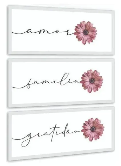 Kit 3 Quadros Frases Amor Família Gratidão Decoração Moldura