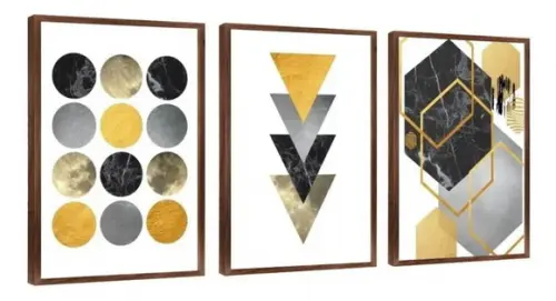 Kit 3 Quadros Geométrico Abstrato Amarelo Decoração Moldura
