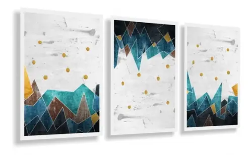 Kit 3 Quadros Geométrico Abstrato Azul Decoração Com Moldura