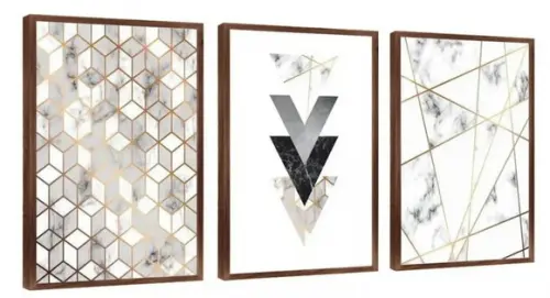 Kit 3 Quadros Geométrico Abstrato Mármore Decoração Moldura