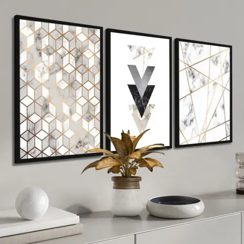 Kit 3 Quadros Geométrico Abstrato Mármore Decoração Molduras