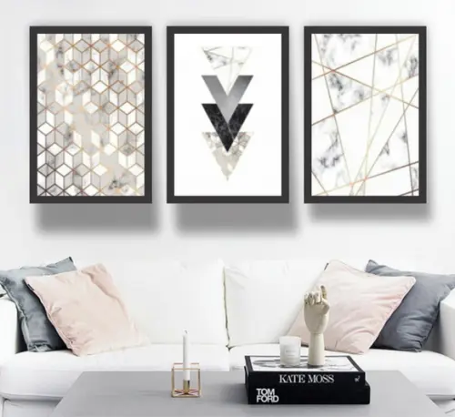 Kit 3 Quadros Geométrico Abstrato Mármore Decoração Molduras