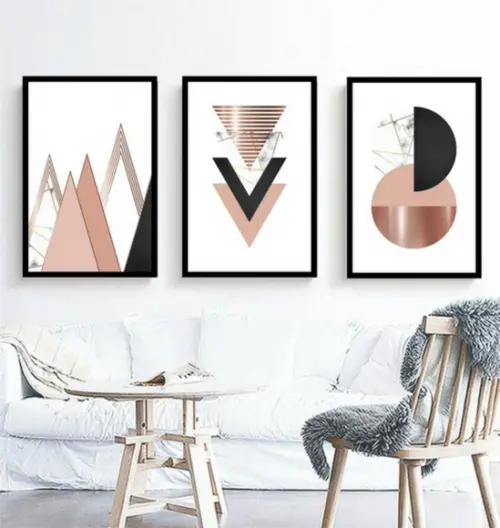 Kit 3 Quadros Geométrico Abstrato Neutro Decoração Molduras