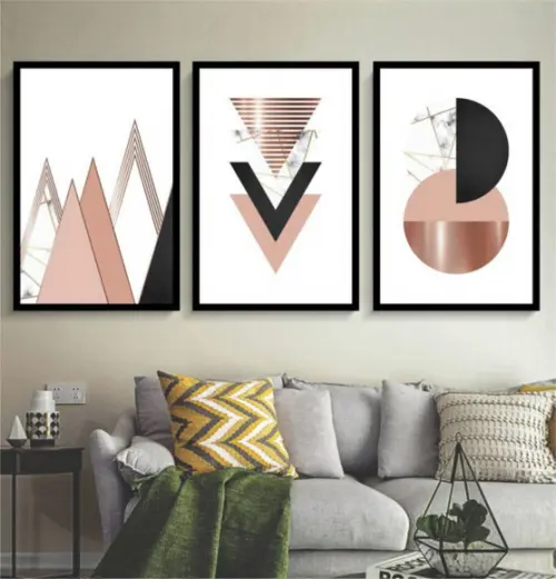 Kit 3 Quadros Geométrico Abstrato Neutro Decoração Molduras