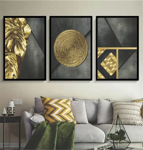 Kit 3 Quadros Geométrico Folhagem Dourada Decoração Molduras