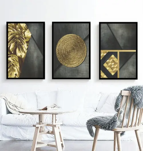 Kit 3 Quadros Geométrico Folhagem Dourada Decoração Molduras