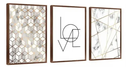 Kit 3 Quadros Geométrico Mármore Abstrato Decorativo Moldura