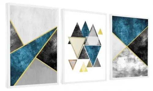 Kit 3 Quadros Geométrico Tons Azul Dourado Decoração Moldura