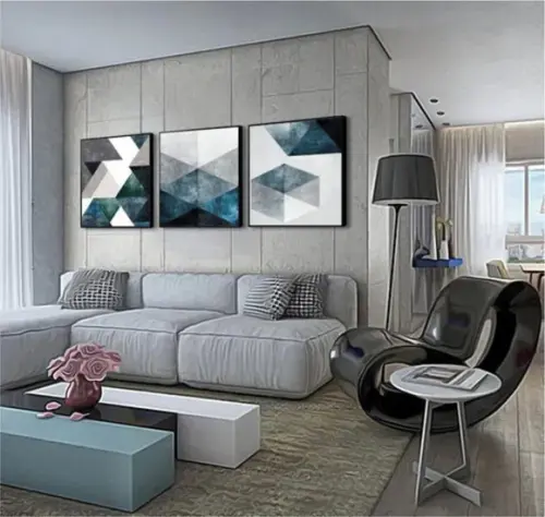 Kit 3 Quadros Geométricos Para Decoração De Sala Com Moldura