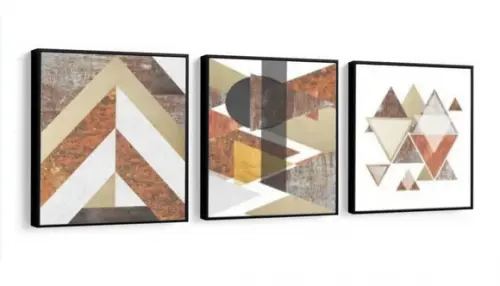 Kit 3 Quadros Geométricos Para Decoração De Sala Com Moldura
