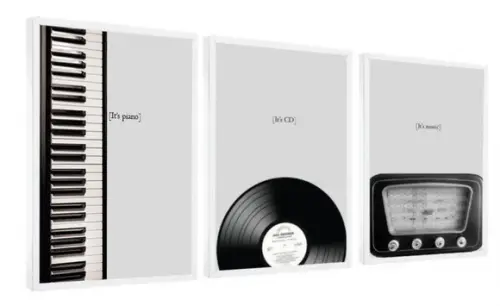 Kit 3 Quadros Guitarra Disco Piano Decoração Musica Moldura