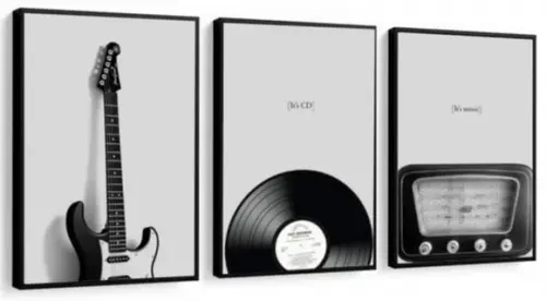Kit 3 Quadros Guitarra Disco Rádio Decoração Vintage Moldura