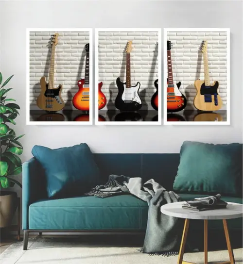 Kit 3 Quadros Guitarra Instrumento Rock Decoração Moldura