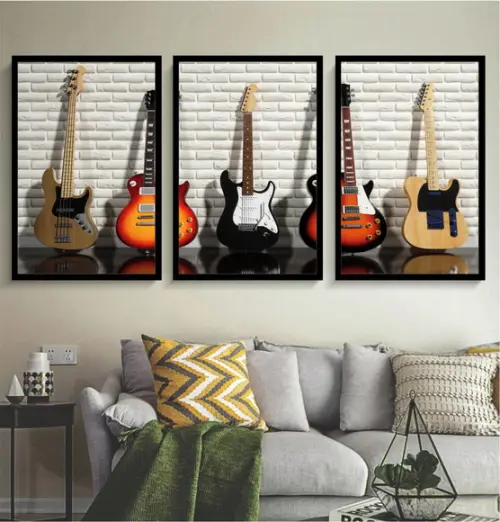Kit 3 Quadros Guitarra Instrumento Rock Decoração Molduras