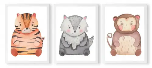 Kit 3 Quadros Infantil Animais Decoração Quarto Com Moldura