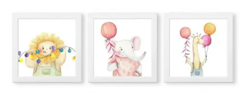 Kit 3 Quadros Infantil Minimalista Animais Decoração Moldura
