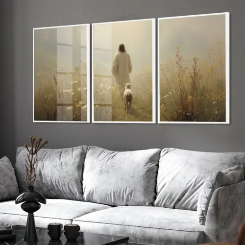 Kit 3 Quadros Jesus Cristo Paisagem Cordeiro Moldura Vidro