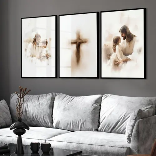 Kit 3 Quadros Jesus Cristo Fé Decoração com Moldura Vidro
