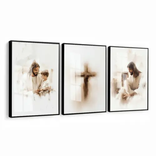 Kit 3 Quadros Jesus Cristo Fé Decoração com Moldura Vidro