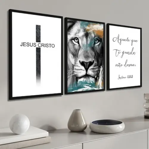 Kit 3 Quadros Leão Colorido Jesus Decoração Frases Molduras