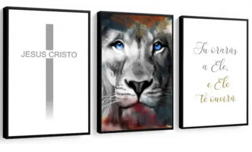 Kit 3 Quadros Leão Colorido Oração Jesus Decoração Molduras